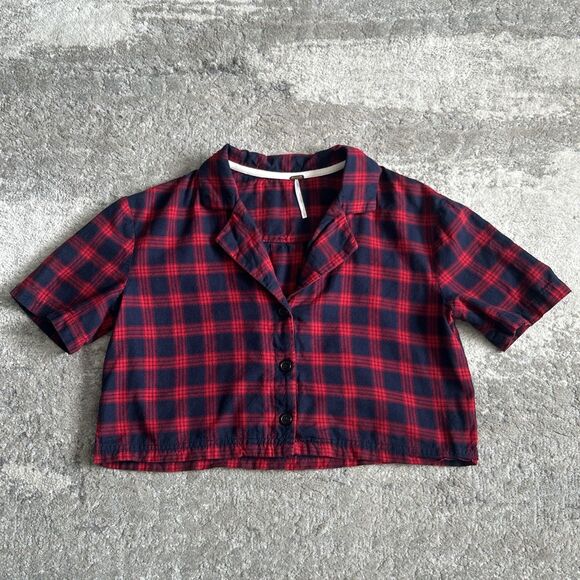 Free People Shirt Womens Small Cropped Red Navy Plaid Button Front Cotton - Picture 1 of 9